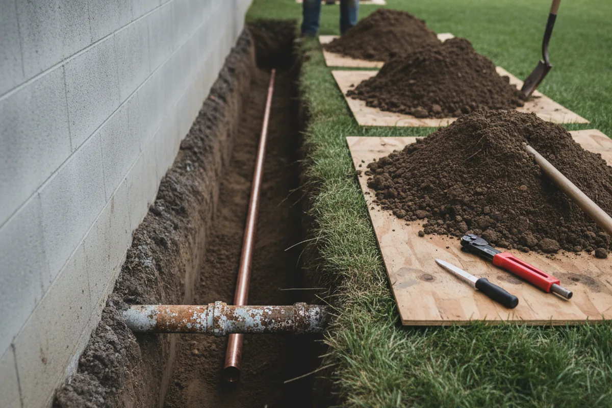 Excavated water line trench during Water Heater Repair in Oakman